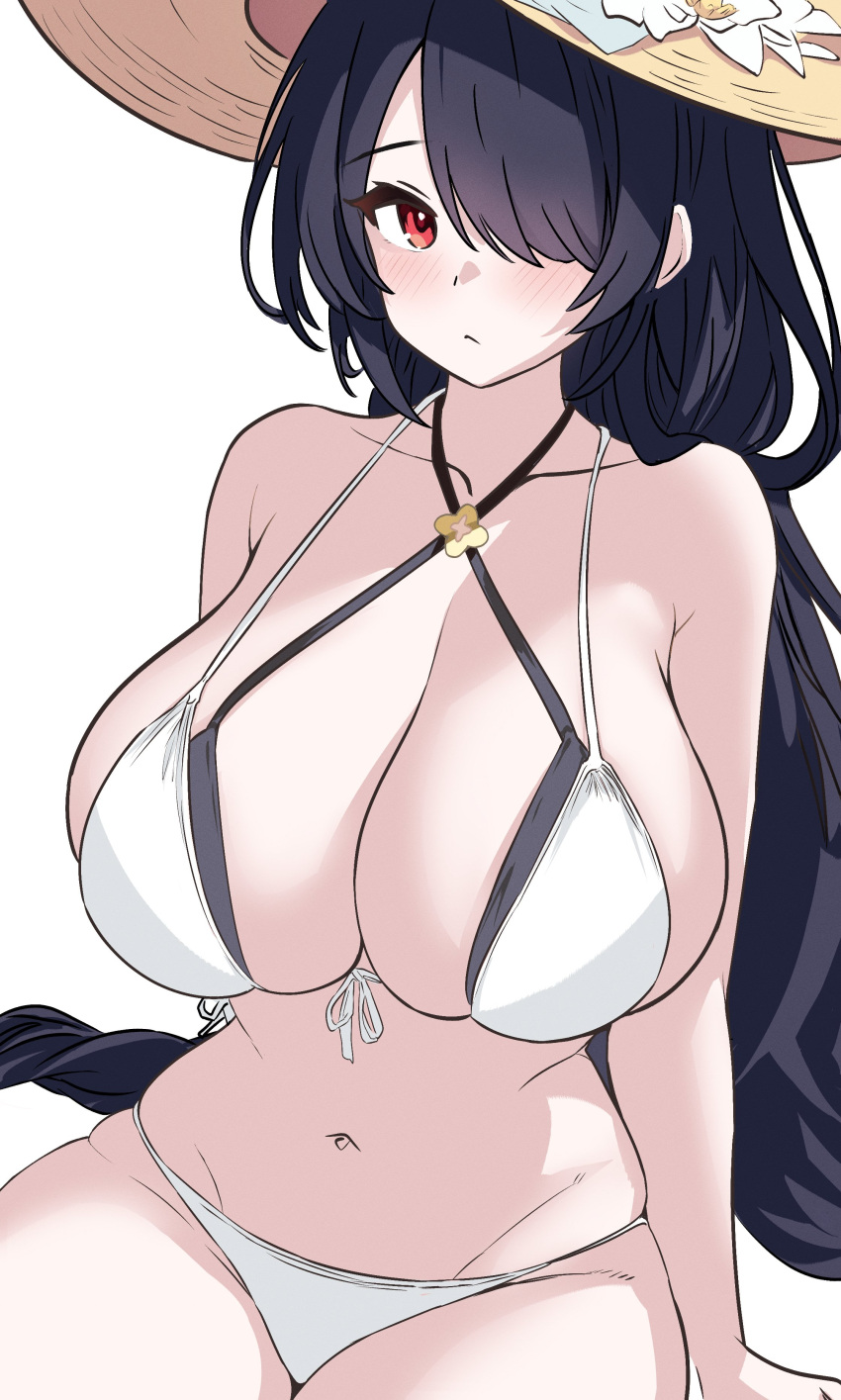 1girls bikini black_hair blue_archive blush curvy female female_only hair_over_one_eye hat hinata_(blue_archive) hinata_(swimsuit)_(blue_archive) huge_breasts large_breasts long_hair looking_at_viewer navel ossou_rocket red_eyes simple_background sisterhood_(blue_archive) solo solo_female swimsuit thick trinity_general_school_student voluptuous white_background white_bikini white_swimsuit