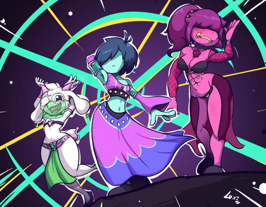 belly_dancer blue_skin dancer dancer_outfit deltarune femboy fun_gang furry goat harem_outfit human kris_(deltarune) omegaluxifer ralsei scalie story_at_source susie_(deltarune) tagme undertale_(series)