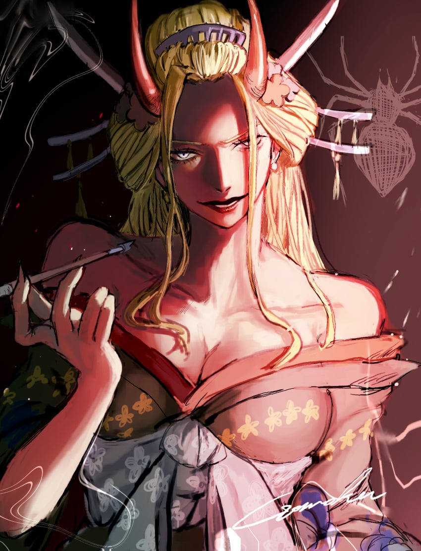 artist_request beast_pirates big_breasts black_maria blonde_hair blue_eyes breasts cleavage female female_only geisha giantess gomoku hair_ornament horn horns kanzashi kimono kiseru nihongami oiran one_piece pipe smoking_pipe spider wano_country