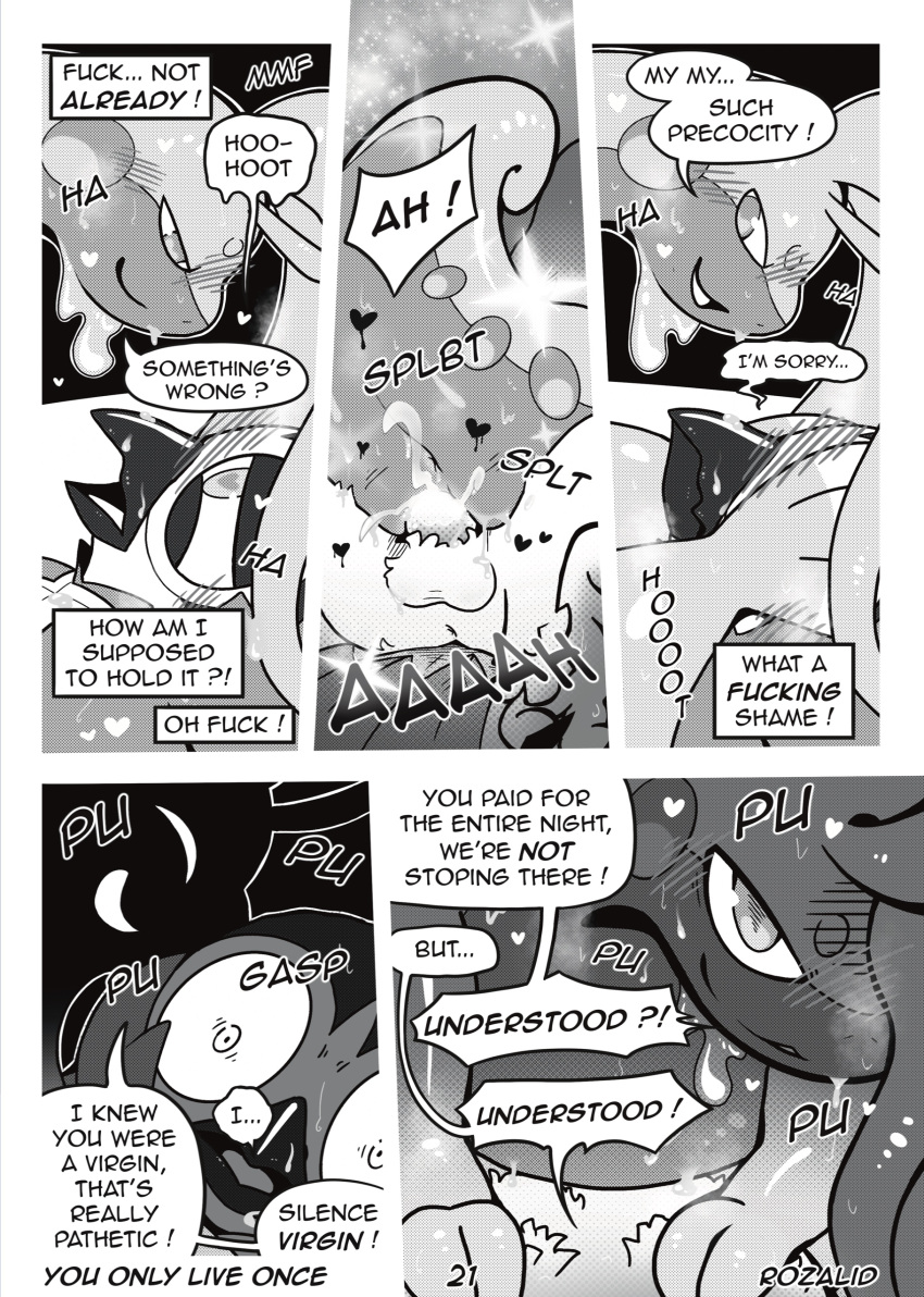 absurd_res ambiguous_fluids anthro avian balls beak bedroom_eyes bird blush bodily_fluids bottomwear breath claws clothing comic cowgirl_position cum cum_in_pussy cum_inside decidueye dialogue doujinshi duo ejaculation embarrassed english_text female first_person_view from_front_position generation_6_pokemon generation_7_pokemon genital_fluids genitals glistening glistening_body glistening_genitalia goo_creature goodra heart heart_eye hi_res hotpants looking_at_another looking_at_partner looking_at_viewer looking_down looking_pleasured loss_of_virginity louis_(decidueye) lube lying male male/female manga monochrome mugu_(goodra) narrowed_eyes nintendo on_back on_bottom on_top overweight overweight_anthro overweight_female page_21 panting penetrating_pov penetration penis pokemon pokemon_(species) prostitution pussy riding riding_cock rozalid seductive sex shaming shorts slime smile speech_bubble steam sweat sweatdrop text thought_bubble vaginal_penetration you_only_live_once