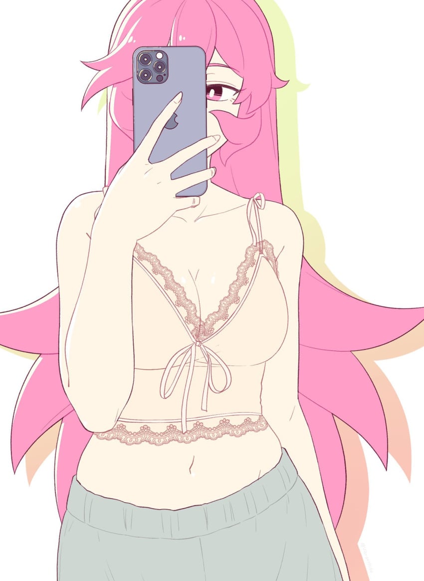 bra lewdismug long_hair midriff mirror_selfie phone pink_hair rida_(vibrantrida) selfie solo solo_female sweatpants vibrantrida