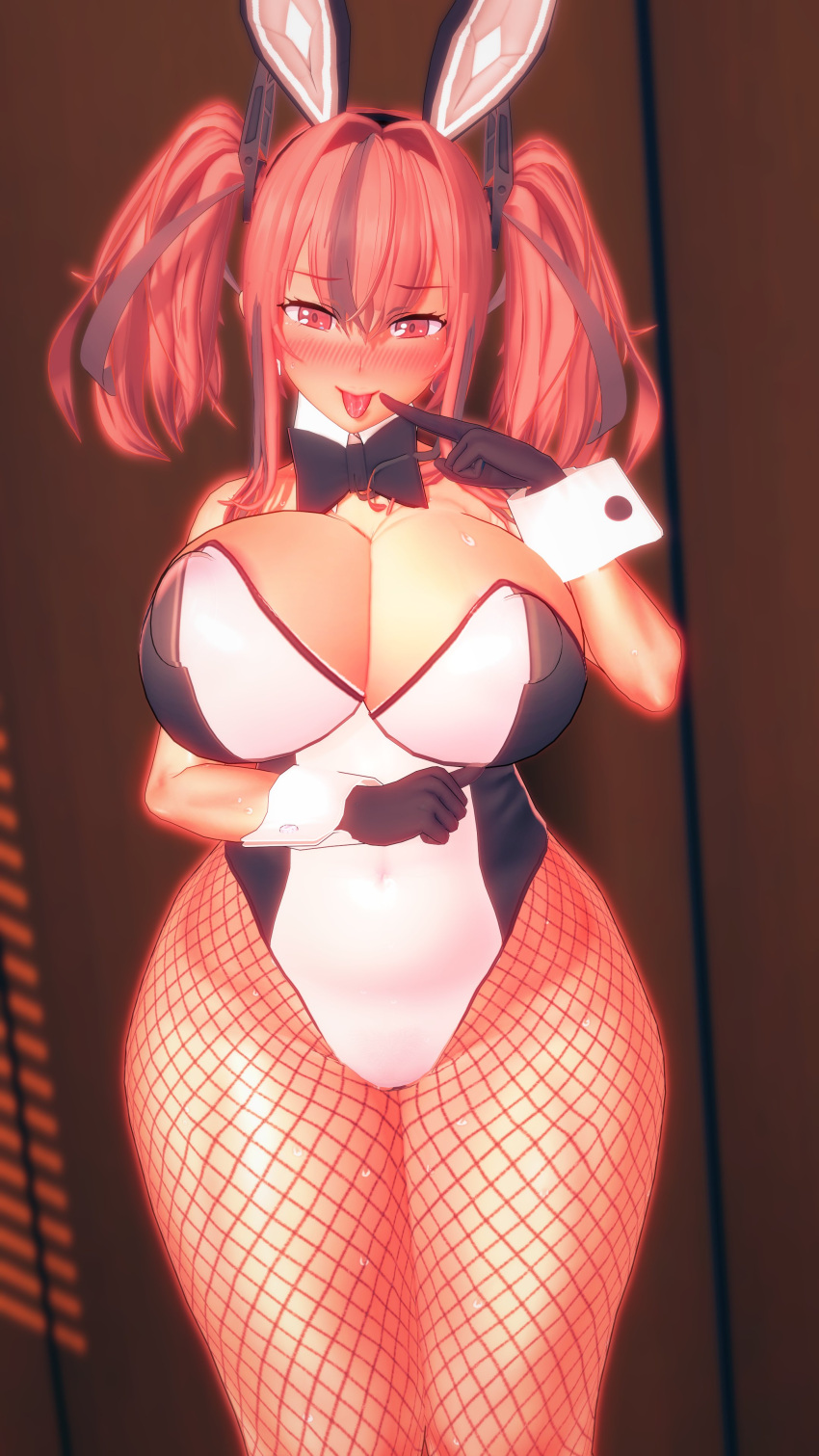 1girls 3d 3d_(artwork) azur_lane big_breasts breasts bremerton_(azur_lane) bunny_ears bunnysuit clothing eagle_union_(azur_lane) female female_only fishnets hair_ornament huge_breasts light-skinned_female light_skin looking_at_viewer mostly_clothed nipples_visible_through_clothing red_eyes red_hair solo tagme thick_thighs tongue tongue_out wasabi_udon03