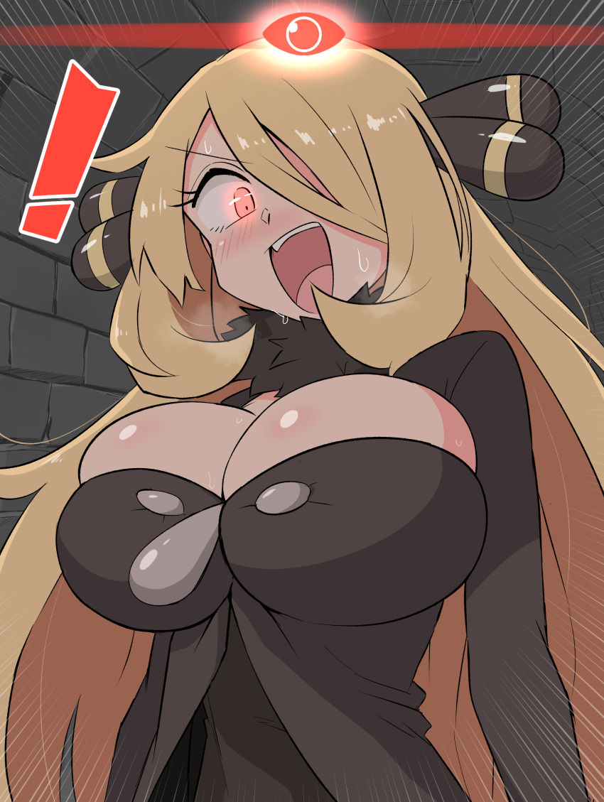 ! 1girls 2023 alpha_pokémon alpha_pokegirl big_breasts blonde_hair blonde_hair_over_one_eye blush breasts cleavage clothing cynthia_(pokemon) glowing_eyes kurachi_mizuki long_blonde_hair long_hair looking_at_viewer nintendo open_mouth pokemon pokemon_dppt pokemon_legends:_arceus red_eyes solo sweat white_skin