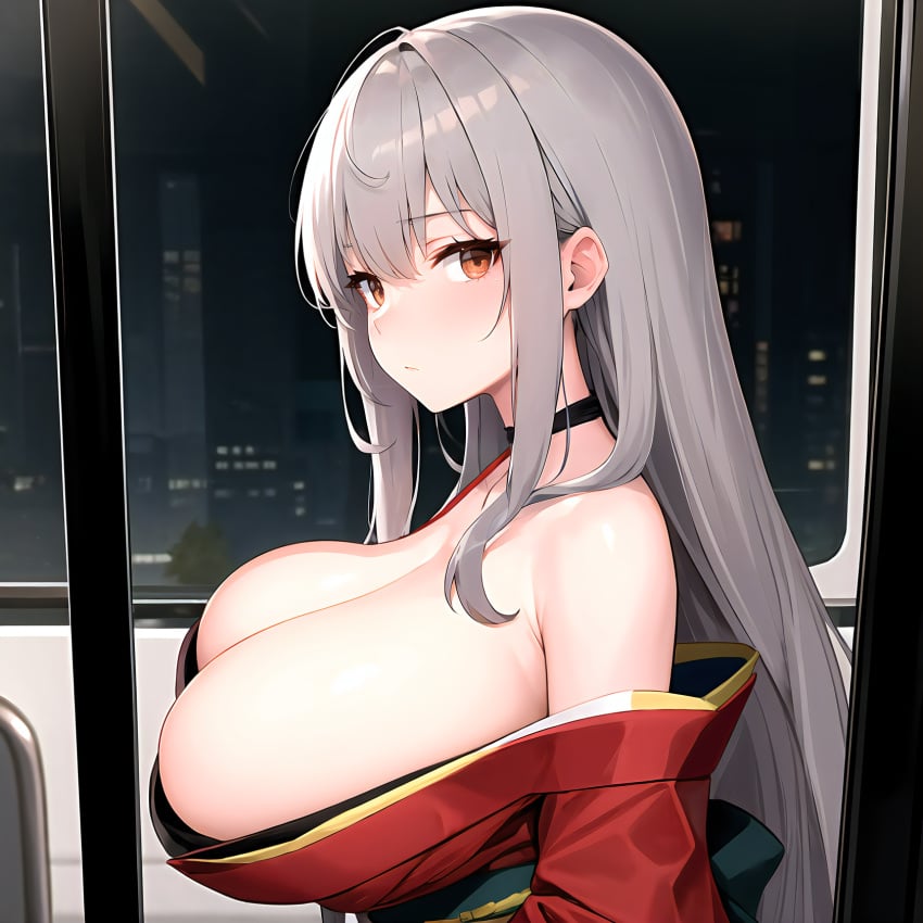 ai_generated brown_eyes grey_hair huge_breasts kimono large_breasts original_character siahken