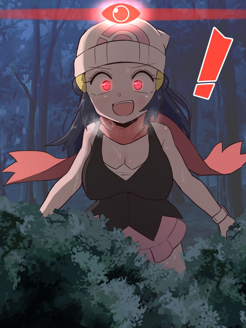 ! 1girls 2023 alpha_pokegirl blue_hair breasts cleavage clothing dawn_(pokemon) forest glowing_eyes hat kurachi_mizuki long_hair looking_at_viewer night nintendo open_mouth pokemon pokemon_dppt pokemon_legends:_arceus red_eyes solo sweat