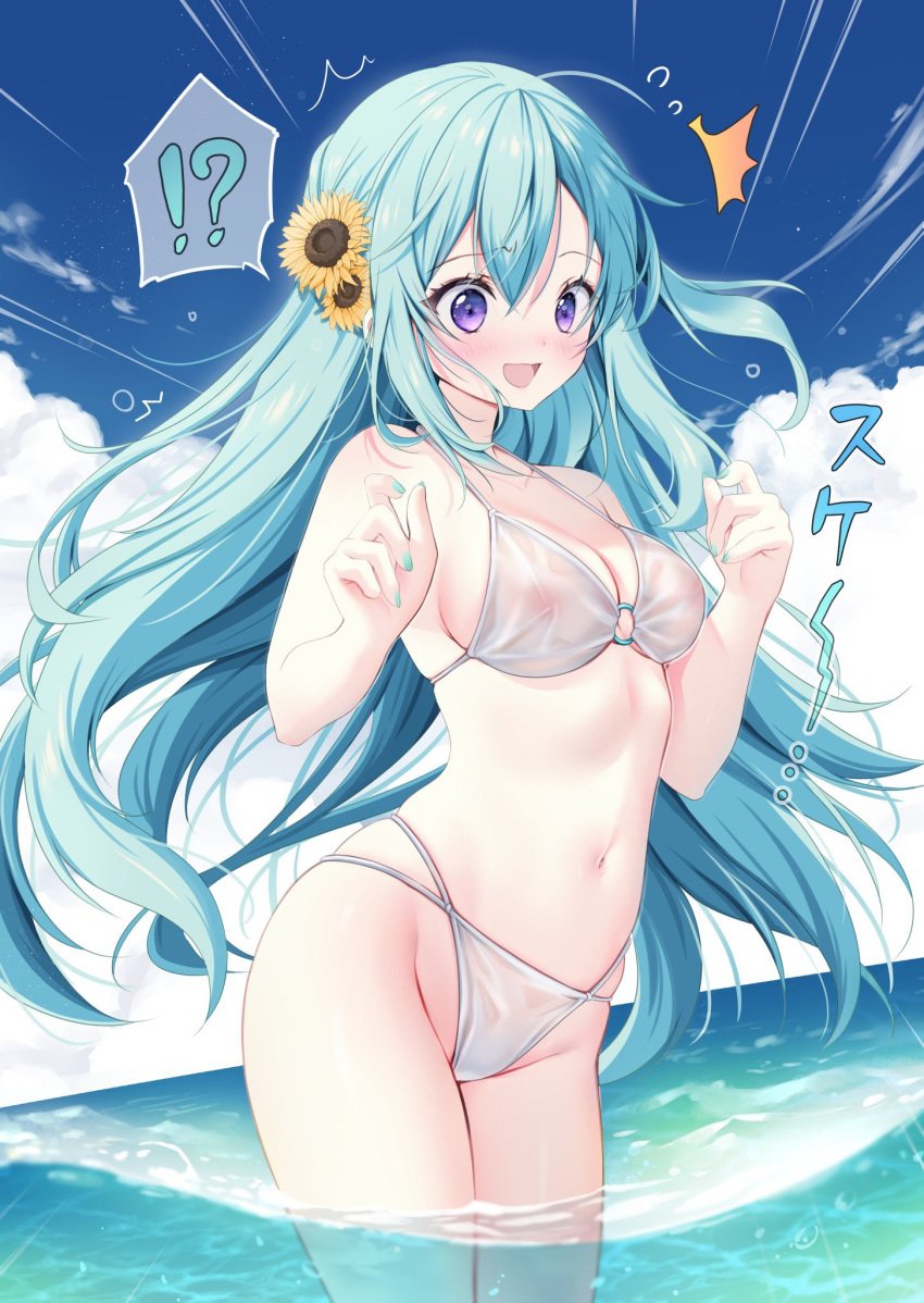 !? barely_visible_nipples bikini blush flower_in_hair japanese_text medium_breasts ocean painted_fingernails painted_nails partially_submerged purple_eyes see-through see-through_swimsuit shocked smile sunflower suprised swimsuit teal_hair teal_nails very_long_hair water wavy_hair yoruhoshi_owl