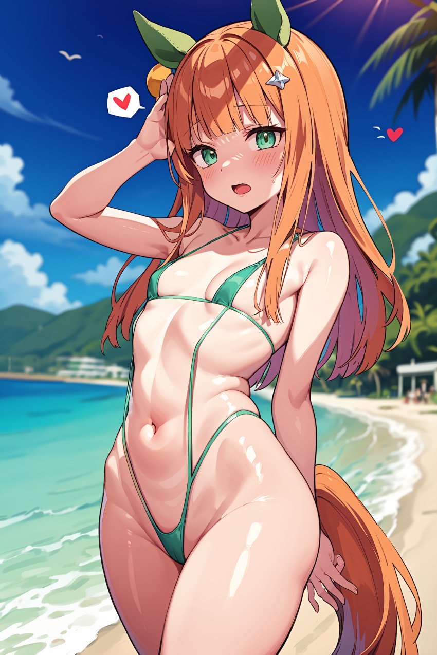 ai_generated animal_ears female green_eyes hair_band horse_girl long_hair orange_hair silence_suzuka_(umamusume) sling_bikini small_breasts umamusume yumietan