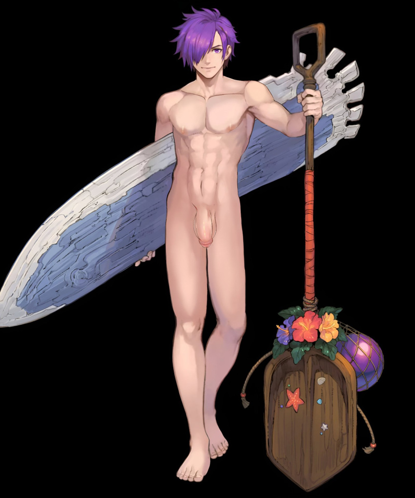 1boy alternate_costume codename_edit completely_nude edit fire_emblem fire_emblem:_three_houses fire_emblem_heroes fire_emblem_warriors:_three_hopes holding holding_paddle holding_surfboard looking_at_viewer male male_only nintendo nude nude_filter nude_male official_alternate_costume paddle penis purple_eyes purple_hair shez_(fire_emblem) shez_(male)_(fire_emblem) shez_(male)_(summer)_(fire_emblem) surfboard toes uncensored