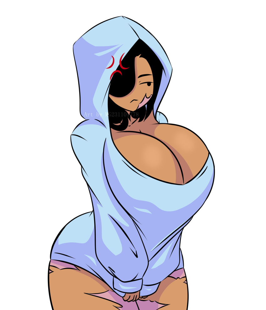 big_breasts black_hair blue_hoodie grace_(mg231101778) grumpy huge_breasts looking_away m.grace mg231101778 no_pants no_underwear oc original_character pout scar_on_face scars_on_thighs