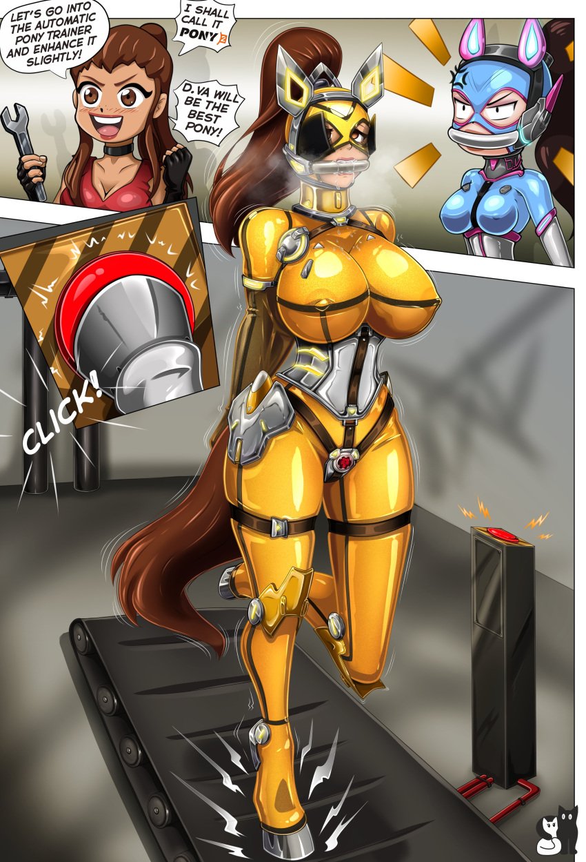 2d 3girls activision before_and_after bit_gag black_corset blizzard_entertainment bodysuit bondage bondage_hood breasts brigitte brown_hair chastity chastity_belt collar corset d.va fake_animal_ears female female_chastity female_only gag gagged headphones headset heelless_high_heels hoof_boots hoof_gloves horse_ears hypnosis hypnotic_visor large_breasts latex latex_bodysuit latex_corset mind_control multiple_girls nipple_bulge overwatch padded_room pet_play petplay pink_bodysuit pony_boots ponygirl ponyplay ponytail rosvo screen standing_on_one_leg tech_control technology transformation visor