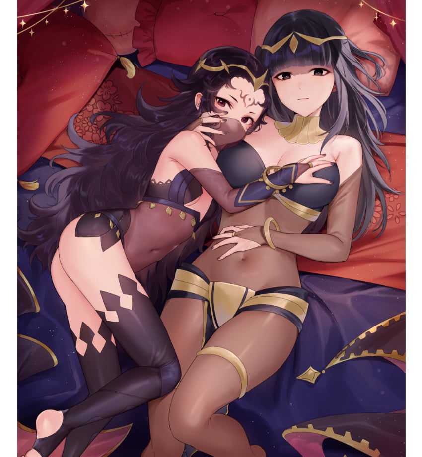 2girls ass bangs bare_shoulders black_hair black_nails black_thighhighs blunt_bangs bodystocking bodysuit bracelet breasts bridal_gauntlets brown_bodysuit brown_eyes circlet cleavage closed_mouth covered_navel facial_mark female female_only fire_emblem fire_emblem_awakening fire_emblem_fates from_above grabbing grabbing_another's_breast hair_ornament hand_on_another's_chest haru_(nakajou-28) height_difference jewelry large_breasts long_black_hair long_hair looking_at_viewer lying mouth_veil multiple_girls nail_polish nintendo nyx_(fire_emblem) on_back on_side pelvic_curtain purple_nails red_eyes see-through small_breasts tharja_(fire_emblem) thighhighs thighlet tiara veil very_long_hair