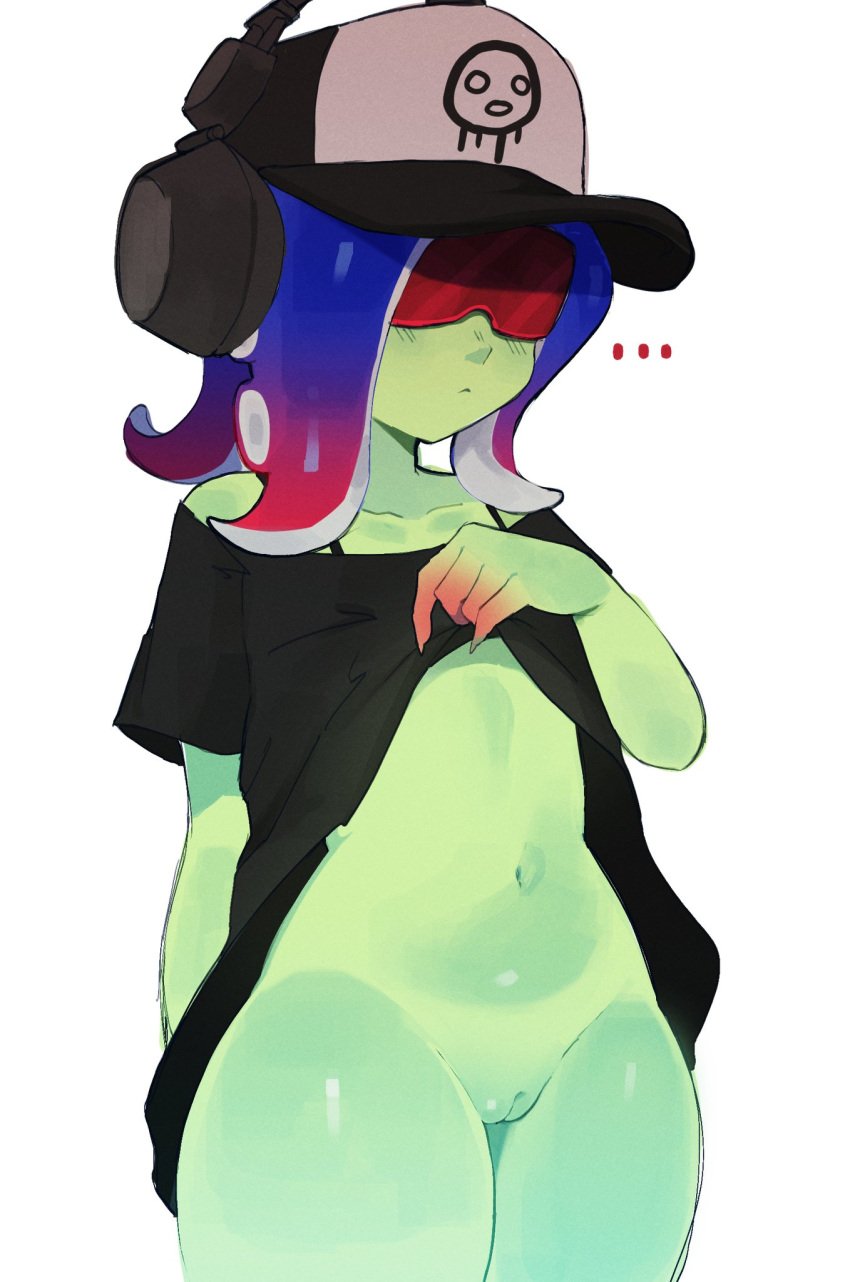 ... acht_(splatoon) arm_behind_back baseball_cap black_dress blue_hair blush bra_strap closed_mouth clothes_lift collarbone colored_skin cowboy_shot dedf1sh dress female gradient_hair green_skin hat headphones_over_headwear highres mizuta_ahato_(splatoon) multicolored_hair multicolored_skin navel no_panties off-shoulder_dress off_shoulder porl purple_hair red-tinted_eyewear red_skin sanitized_(splatoon) seisoporl skirt skirt_lift solo splatoon splatoon_(series) splatoon_3 splatoon_3:_side_order suction_cups sunglasses tentacle_hair tinted_eyewear two-tone_headwear