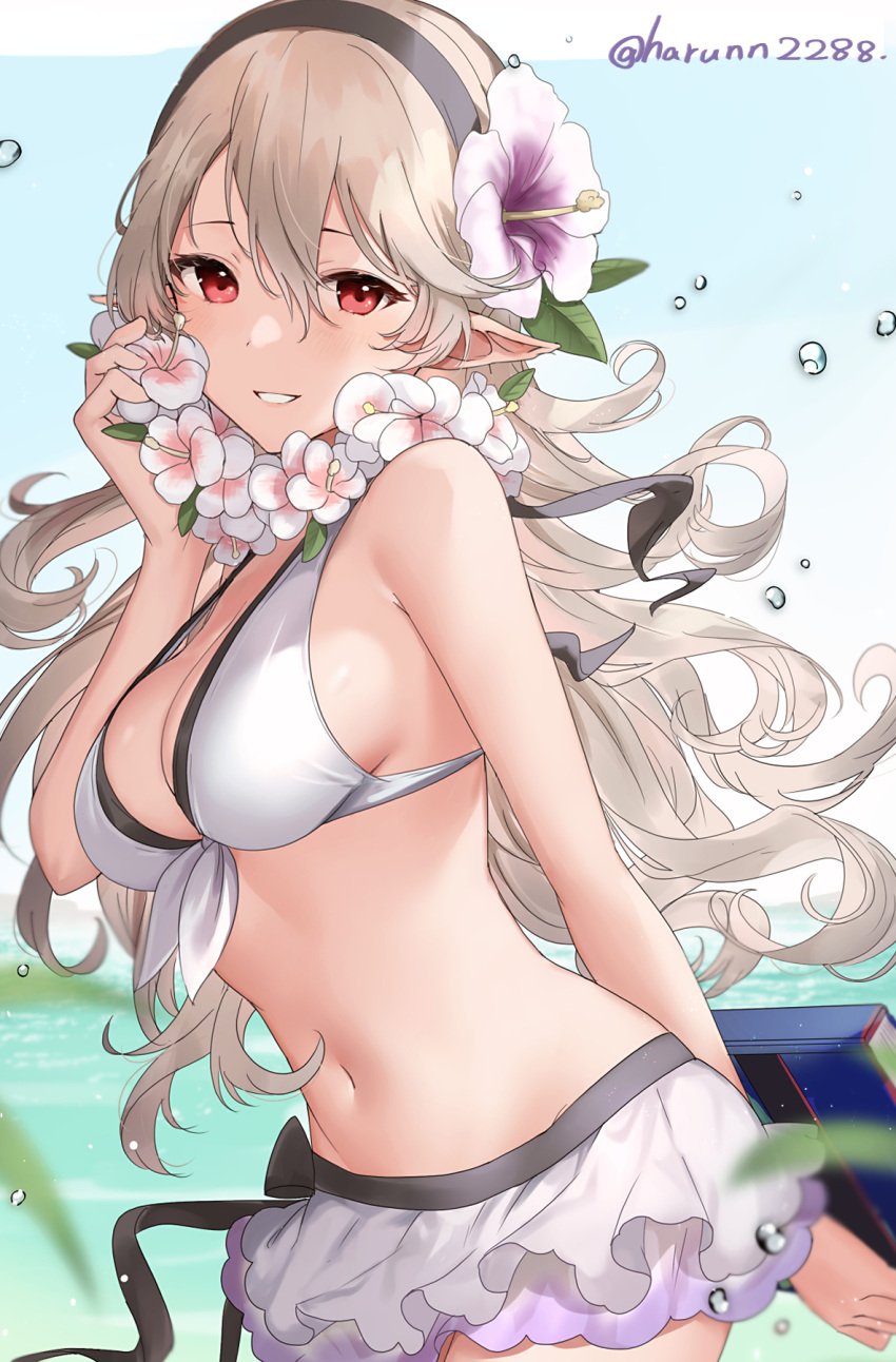 1girls alternate_costume alternate_version_available arm_behind_back bangs bikini bikini_skirt black_hairband black_ribbon book breasts cleavage corrin_(female)_(fire_emblem) corrin_(female)_(summer)_(fire_emblem) corrin_(fire_emblem) corrin_(fire_emblem)_(female) female female female_only fire_emblem fire_emblem_fates fire_emblem_heroes floating_hair flower flower_necklace front-tie_bikini_top front-tie_top grey_hair grin hair_between_eyes hair_flower hair_ornament hairband haru_(nakajou-28) hibiscus highres holding holding_book large_breasts layered_skirt long_hair looking_at_viewer medium_breasts microskirt navel nintendo official_alternate_costume outdoors pointy_ears purple_flower red_eyes ribbon sideboob skirt smile solo standing stomach strap_gap swimsuit teeth twitter_username very_long_hair water wavy_hair white_bikini white_flower white_hair white_skirt