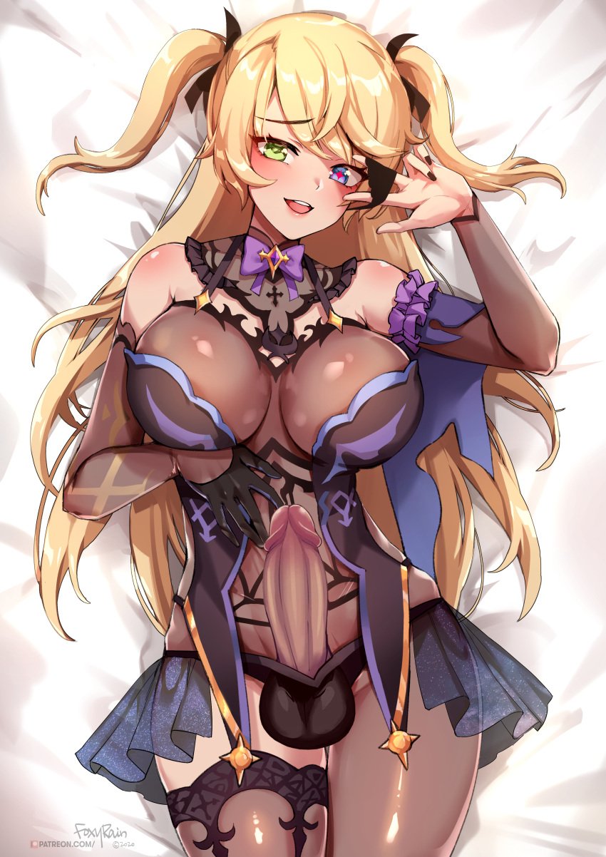 1futa aged_up balls big_breasts big_penis blonde_hair breasts bulge clothed clothing dickgirl dickgirl_only edit erection fischl_(genshin_impact) foxy_rain_(foxyreine) foxyrain_(foxyreine) foxyreine futa_only futanari genshin_impact heterochromia highres human light-skinned_futanari light_skin long_hair looking_at_viewer mostly_nude on_back penis penis_out solo testicles