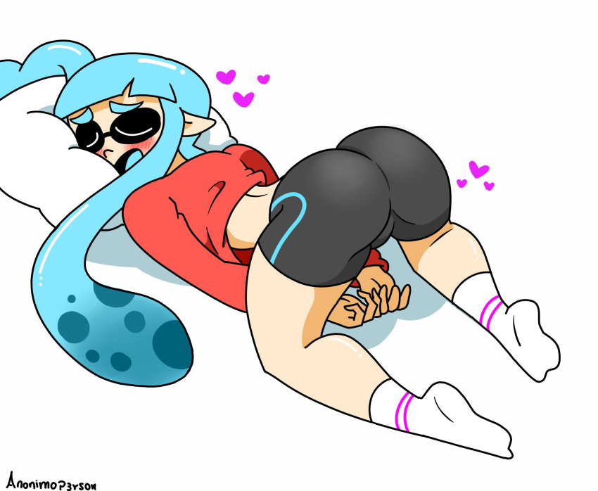 all_fours anonimop3rson ass ass_focus blush inkling shorts sleeping splatoon