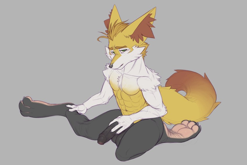 2023 3_toes anthro balls black_body black_nose blonde_hair braixen dreiker feet foreskin fur generation_6_pokemon genitals green_eyes grey_background hair hi_res humanoid_genitalia humanoid_penis looking_at_viewer male male_braixen male_only muscular muscular_anthro muscular_male navel nintendo penis pokemon pokemon_(species) simple_background solo toes white_body white_fur yellow_body yellow_fur