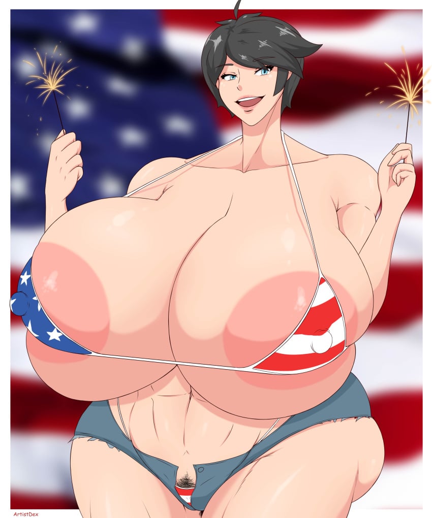 1girls american_flag american_flag_bikini artistdex ashley_(artistdex) big_breasts bikini black_hair blue_eyes breasts busty curvaceous curvy curvy_body curvy_female curvy_figure female female_pubic_hair huge_breasts large_breasts original pubic_hair short_hair voluptuous