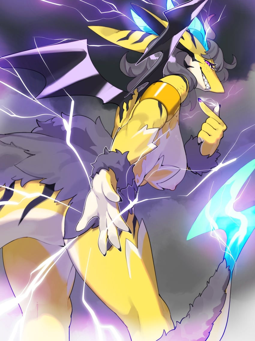 anthro areola breasts claws dragon electricity female finger_claws fur hi_res horn i_was_banished_from_the_party_and_became_the_leader_of_the_strongest_female_dragon_party! kame_3 looking_at_viewer nipples nude purple_eyes scalie smile solo tail thunder_dragon_(kame_3) yellow_body