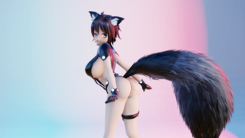 ass ass_focus big_breasts black_ears black_fur black_hair black_tail blue_eyes curvy curvy_female curvy_figure female fluffy_ears fluffy_tail gantz_suit hibiki_saiba huge_breasts light-skinned_female light_skin mikumikudance mmd mrjinsenpai original original_character pale-skinned_female pale_skin pose posing short_hair solo solo_female solo_focus tail temptation thick_thighs tomboy tongue tongue_out voluptuous wink winking_at_viewer wolf_ears wolf_girl wolf_humanoid wolf_tail