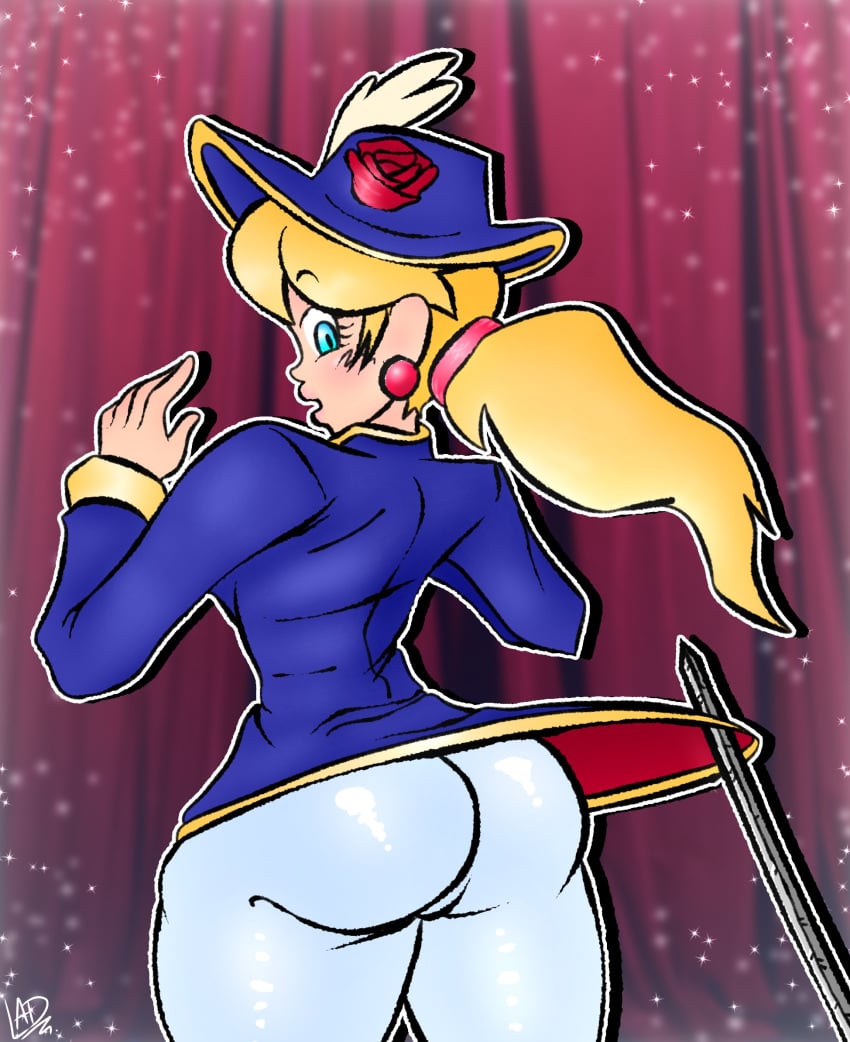 1girls ass big_ass big_butt blonde_hair blue_eyes butt clothed clothing earrings feathered_hat female female_only hat huge_ass loogi_black looking_back mario_(series) nintendo ponytail princess_peach princess_peach:_showtime! rapier rose solo sword swordfighter_peach tagme thick_thighs tied_hair