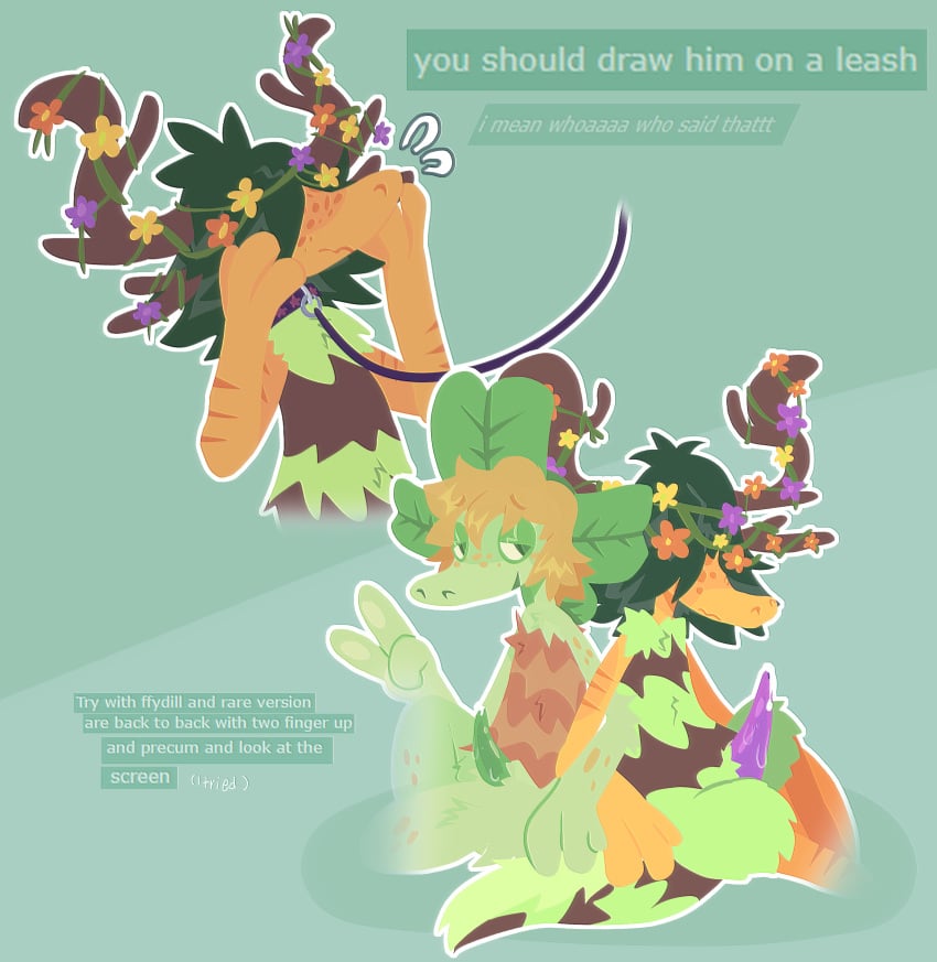 2boys androgynous anthro chimekeeperderg_(artist) embarrassed ffidyll green_penis hair_covering_eyes leash lineless male/male male_only my_singing_monsters precum purple_penis rare_ffidyll request self_upload tapering_penis