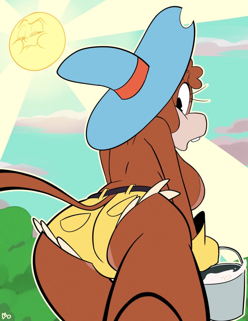 anthro bovine breasts bucket clothing cow_girl cuphead:_the_delicious_last_course cuphead_(game) esther_winchester female funny_background_event half-dressed legwear looking_back milk monamania pac-man_eyes sun tight_clothing worm's-eye_view