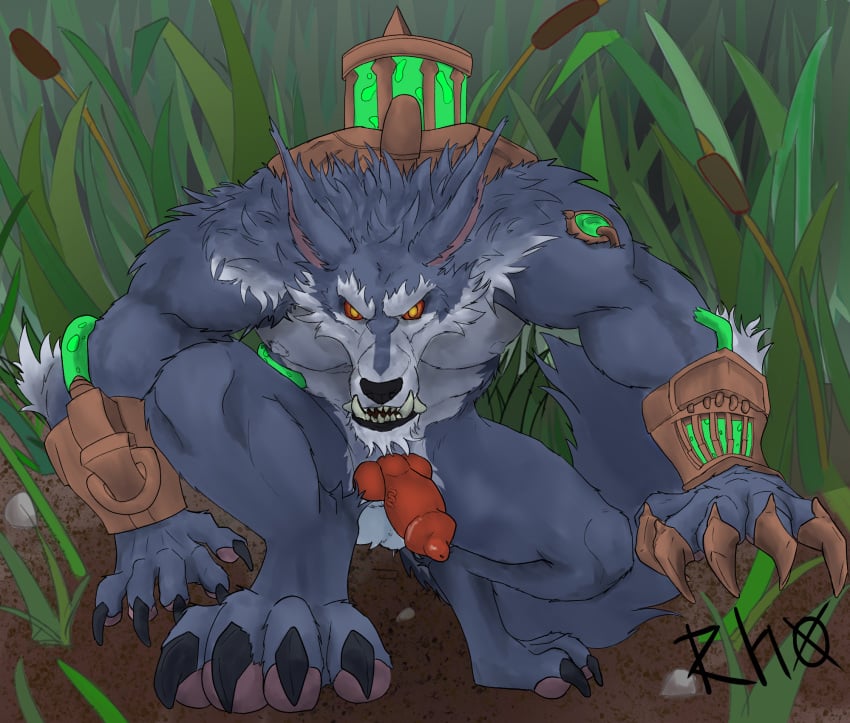 anatomically_correct anatomically_correct_genitalia animal_genitalia animal_penis anthro aroused balls breasts canid canine canis claws detailed_background digital_media_(artwork) dirt domestic_dog erection fangs feet fingers fog forest fur genitals glowing glowing_eyes grass hair half-erect hi_res jungle knot league_of_legends looking_at_viewer machine male mammal muscular muscular_anthro muscular_male nipples nude open_mouth outside paws pecs peeking_penis penis plant rhox riot_games rock sheath simple_background solo solo_male tail teeth toes tree white_body white_fur wolf