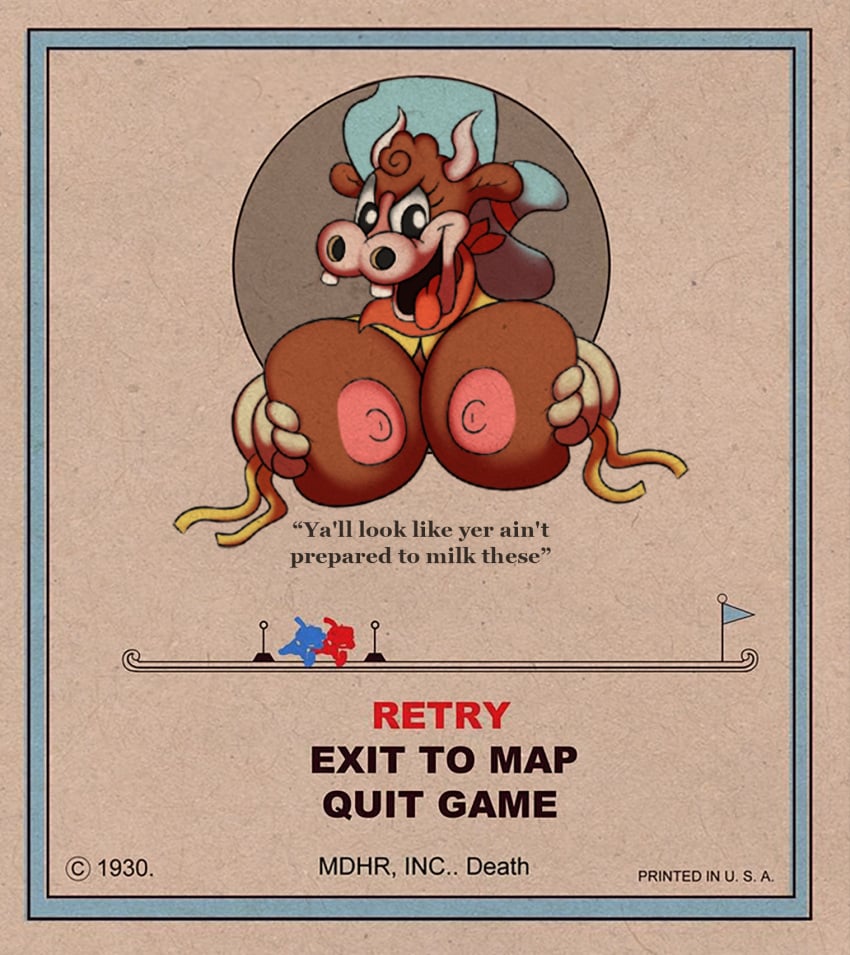 big_breasts bovine breasts cuphead:_the_delicious_last_course cuphead_(game) english english_text esther_winchester female looking_at_viewer nipples oddrich pink_nipples text tongue tongue_out