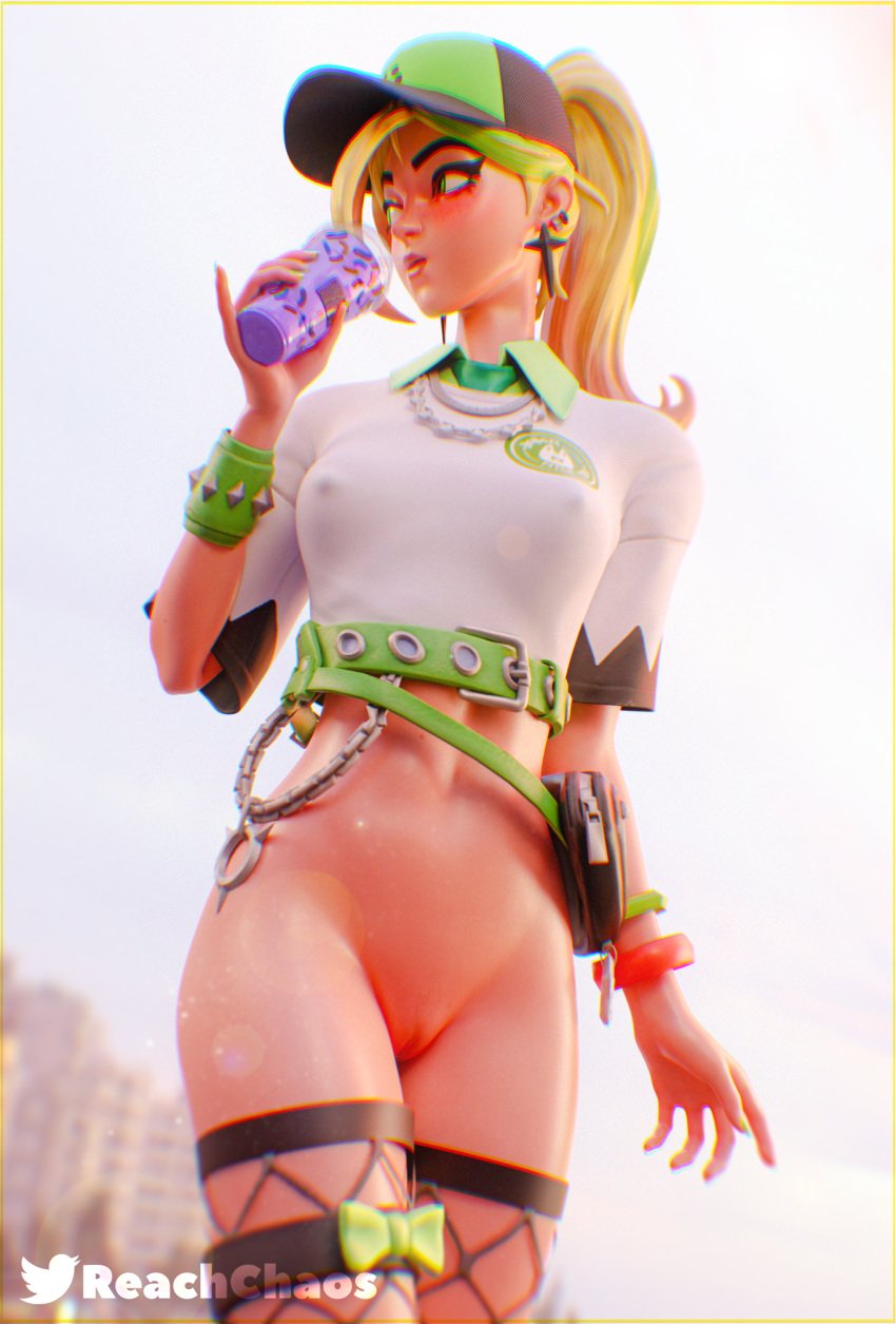 1girls 3d blender blender_(software) blonde_hair breasts cap female female_only fortnite green_eyes grimace_birthday_shake grimace_shake helsie_(fortnite) mcdonald's milkshake nipples nipples_visible_through_clothing pussy reachchaos see-through see-through_top solo