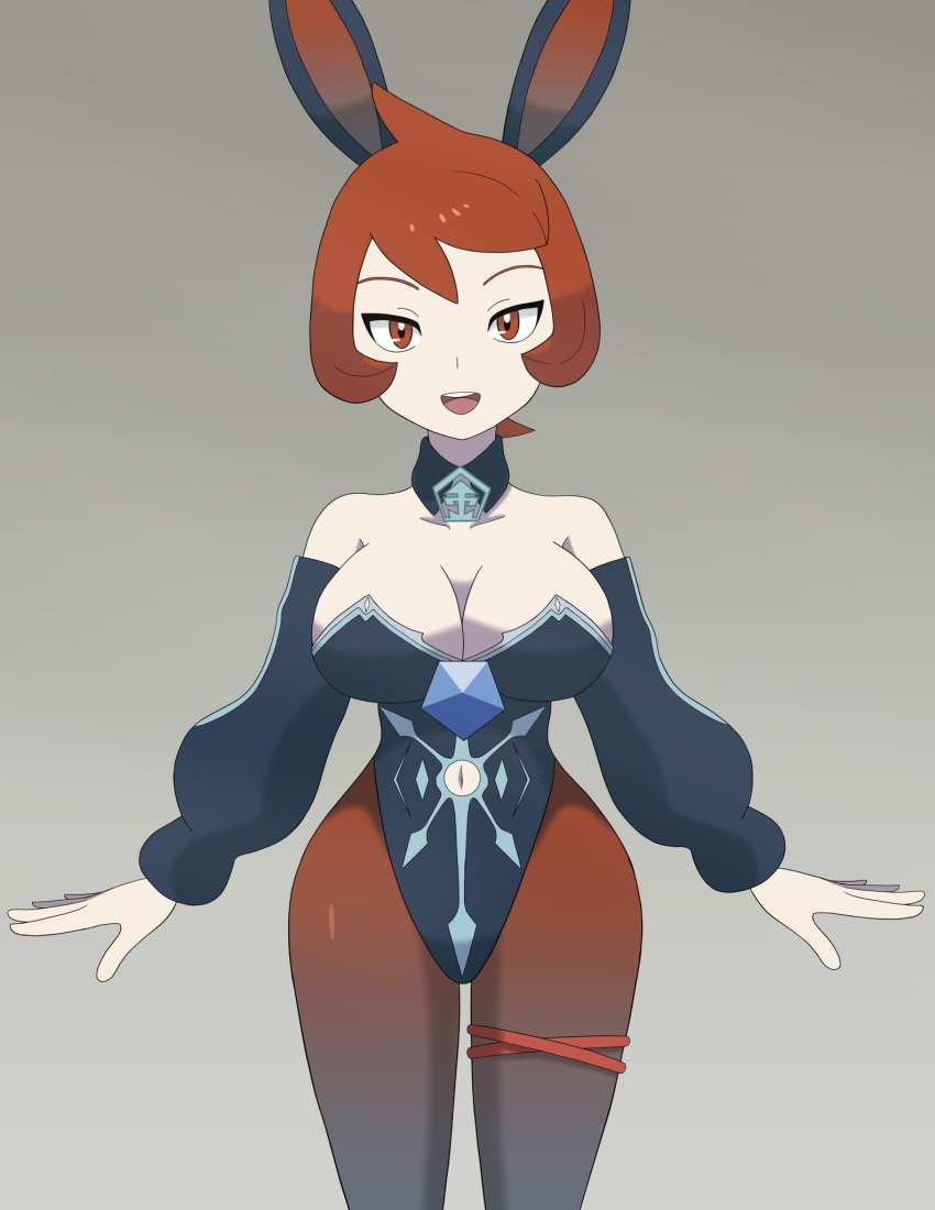 arezu_(pokemon) bare_shoulders big_breasts big_breasts blue_collar brooch bunny_ears bunny_girl bunnygirl bunnysuit cleavage collar leggings open_mouth overboob pokemon pokemon_legends:_arceus red_eyes red_hair red_leggings separate_sleeves short_hair sleeves thick_thighs