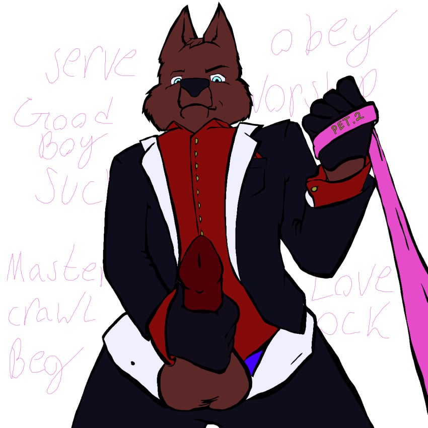 absurd_res anthro biohound canid clothing dress_shirt fan_character first_person_view genitals hi_res hypnotizing_viewer leash leashed_pov low-angle_view male male/male mammal master penis shirt solo submissive submissive_pov suit taker_pov text topwear