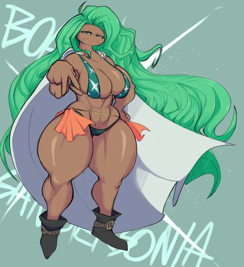 1girls abs big_breasts bikini blackwashed boa_sandersonia boots breasts cloak dark-skinned_female dark_skin female female_only green_eyes green_hair human looking_at_viewer muscular muscular_female one_piece solo thick_thighs thunder_thighs wide_hips xytora