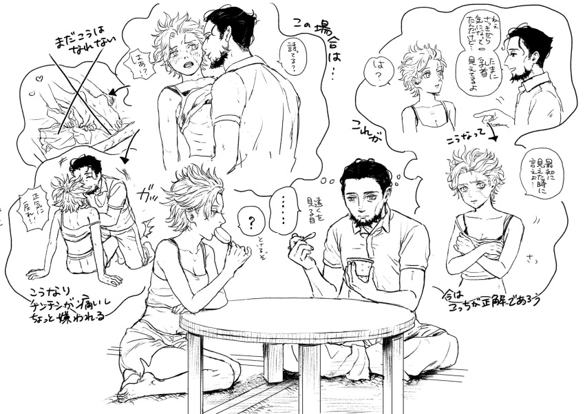 1boy 1girls ? beard belaf blush dilf dirty_thoughts facial_hair female genderswap_(mtf) ice_cream imagining japanese_text made_in_abyss male mature_male monochrome multiple_scenes necojelly older_male popsicle rule_63 sexually_suggestive short_hair short_shorts small_breasts tank_top thought_bubble very_short_hair wazukyan younger_female