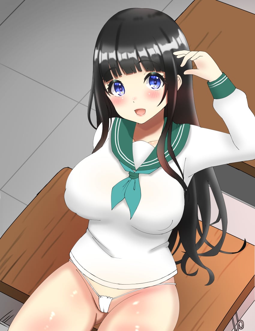 black_hair blue_eyes breasts brush chitanda_eru clothed clothing desk doors_drop hyouka mostly_clothed open_mouth panties shiny_skin sitting sitting_on_desk solo