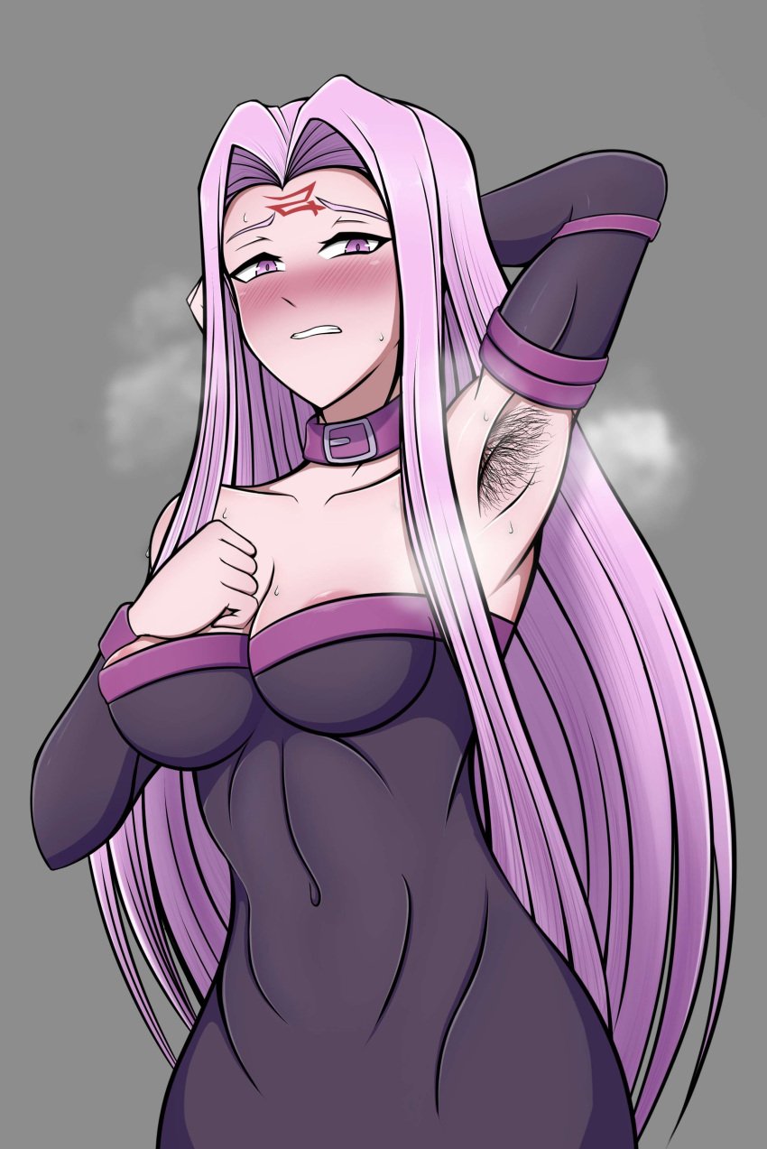 1girls armpit_hair armpits blush breasts clothed clothed_female collar commission commission_art commissioner_upload fate/stay_night fate_(series) forehead_mark large_breasts lolo_mp3 long_gloves long_hair medusa_(fate) nipple_peek purple_eyes purple_hair steam steaming_body sweat sweatdrop sweating tagme tight_clothes tight_clothing