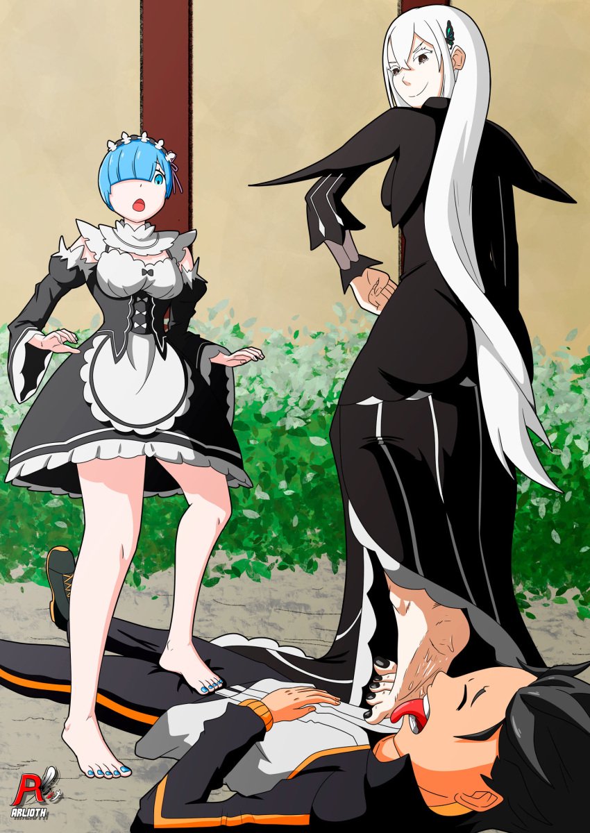 1boy 2girls arlioth barefoot black_dress denki_anma dominant_female echidna_(re:zero) femdom foot_domination foot_fetish foot_lick foot_on_crotch foot_on_penis foot_worship footjob footjob_over_clothes maid maid_outfit maid_uniform natsuki_subaru oni oni_female re:zero_kara_hajimeru_isekai_seikatsu rem_(re:zero) standing standing_footjob stepped_on stepping_on_penis submissive_male teamwork trample trampling