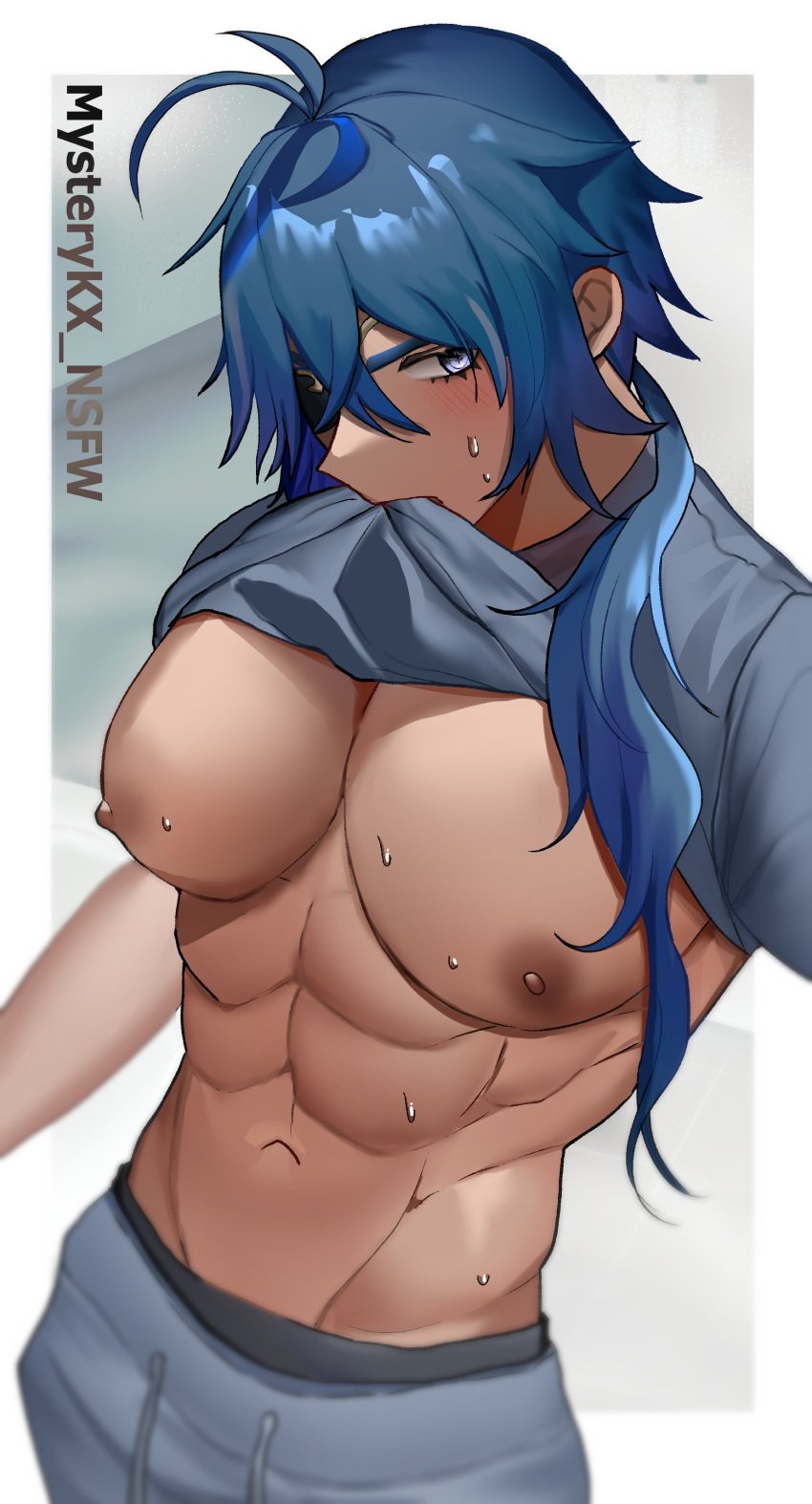 abs blue_hair eyepatch gynecomastia kaeya_(genshin_impact) large_pectorals male_only male_tits muscular mysterykx solo_male sweating tan_skin tease