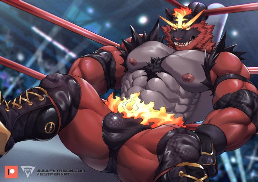 abs absurd_res anthro areola biped bulge estper fangs felid fighting_ring fur generation_7_pokemon hi_res incineroar male male_only mammal muscular muscular_anthro muscular_male nintendo nipples pantherine pecs pokemon pokemon_(species) red_body red_fur solo teeth