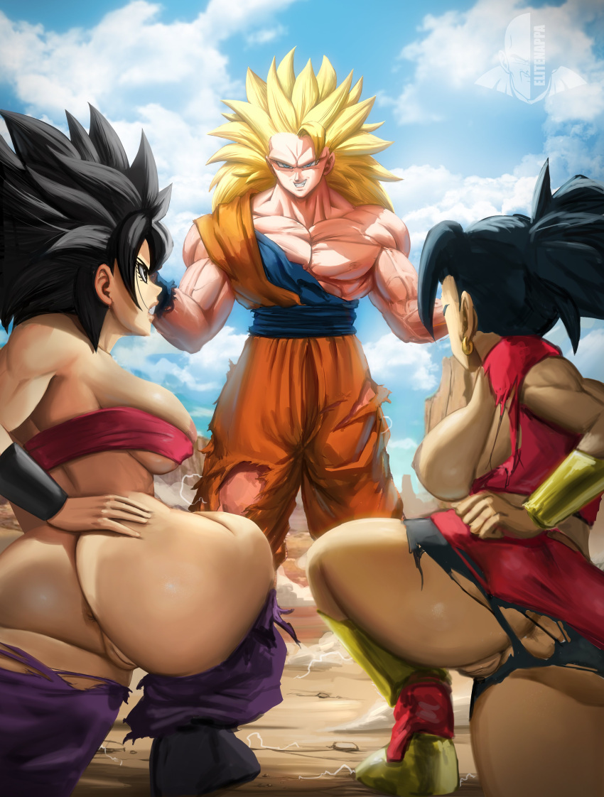 1boy 2girls abs anus ass biceps big_ass big_breasts black_hair blonde_hair breast_press breasts bubble_butt caulifla clothing dat_ass dragon_ball dragon_ball_super ear_piercing earrings elitenappa fat_ass female female_saiyan hand_on_ass hand_on_own_ass huge_ass kale large_ass looking_at_another male multiple_girls muscular muscular_male nipple_slip nipples no_bra no_panties piercing pubic_hair pussy saiyan smile son_goku super_saiyan super_saiyan_3 thick_ass thick_thighs torn_clothes universe_6/universe_7 universe_6_saiyan/universe_7_saiyan wide_hips