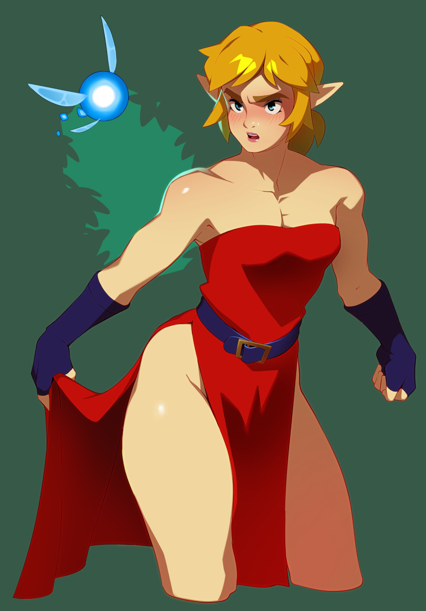 1boy absurd_res belt blonde_hair blue_eyes blush combos-n-doodles crossdressing crossdressing_male double_slit_dress dress femboy fingerless_gloves girly gloves green_background link male male_only nintendo no_panties pointy_ears solo the_legend_of_zelda thick_thighs tunic