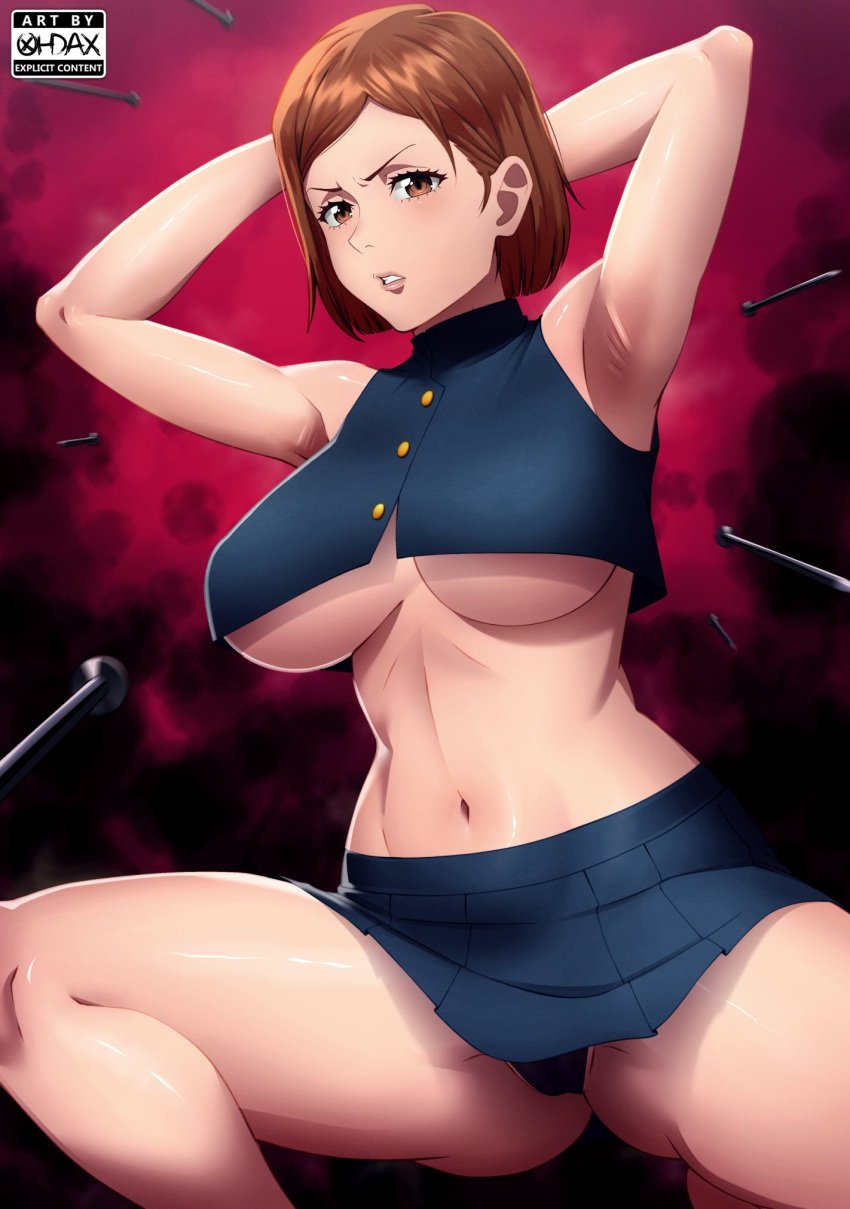 1girls armpits brown_eyes brown_hair female female_only hands_behind_head hi_res jujutsu_kaisen kugisaki_nobara looking_at_viewer medium_hair ohdax skirt solo squatting topwear underboob