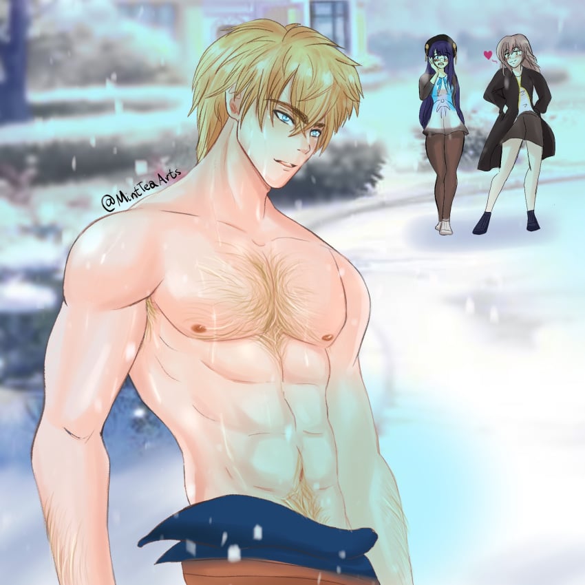 1boy 2girls abs arm_hair armpit_hair blue_eyes blush chest_hair gepard_(honkai:_star_rail) hairy heart honkai:_star_rail house male_focus mintteaarts muscles muscular nipples outdoors outside panting pants pela_(honkai:_star_rail) shirtless shirtless_male shoulders snow stelle_(honkai:_star_rail) sweat sweating watching