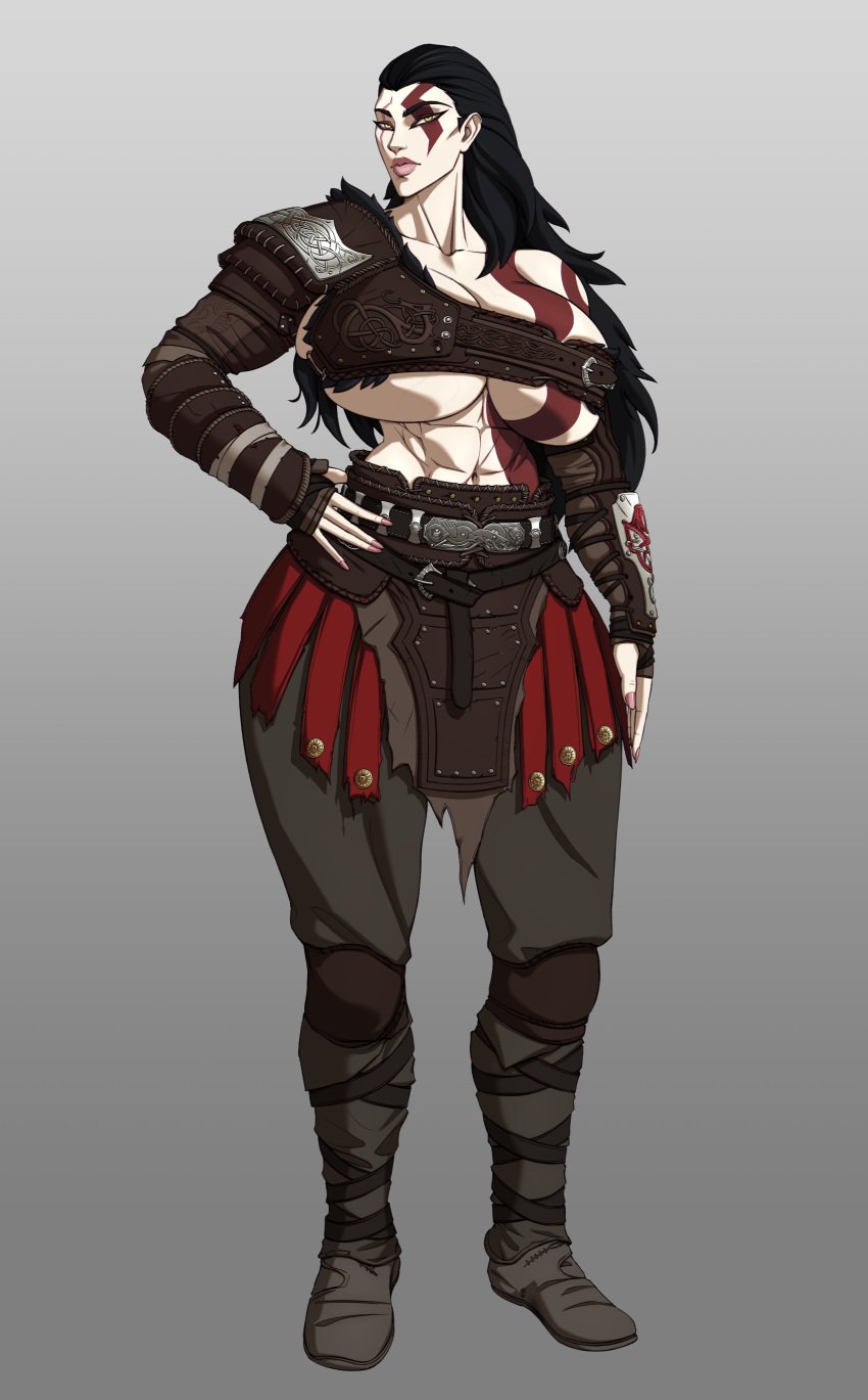 1girl 1girls abs female female_only genderbend genderswap genderswap_(mtf) god_of_war hyper_breasts kratos kratos_(female) milf muscular_female raidouzero rule_63 tattoo thick_thighs