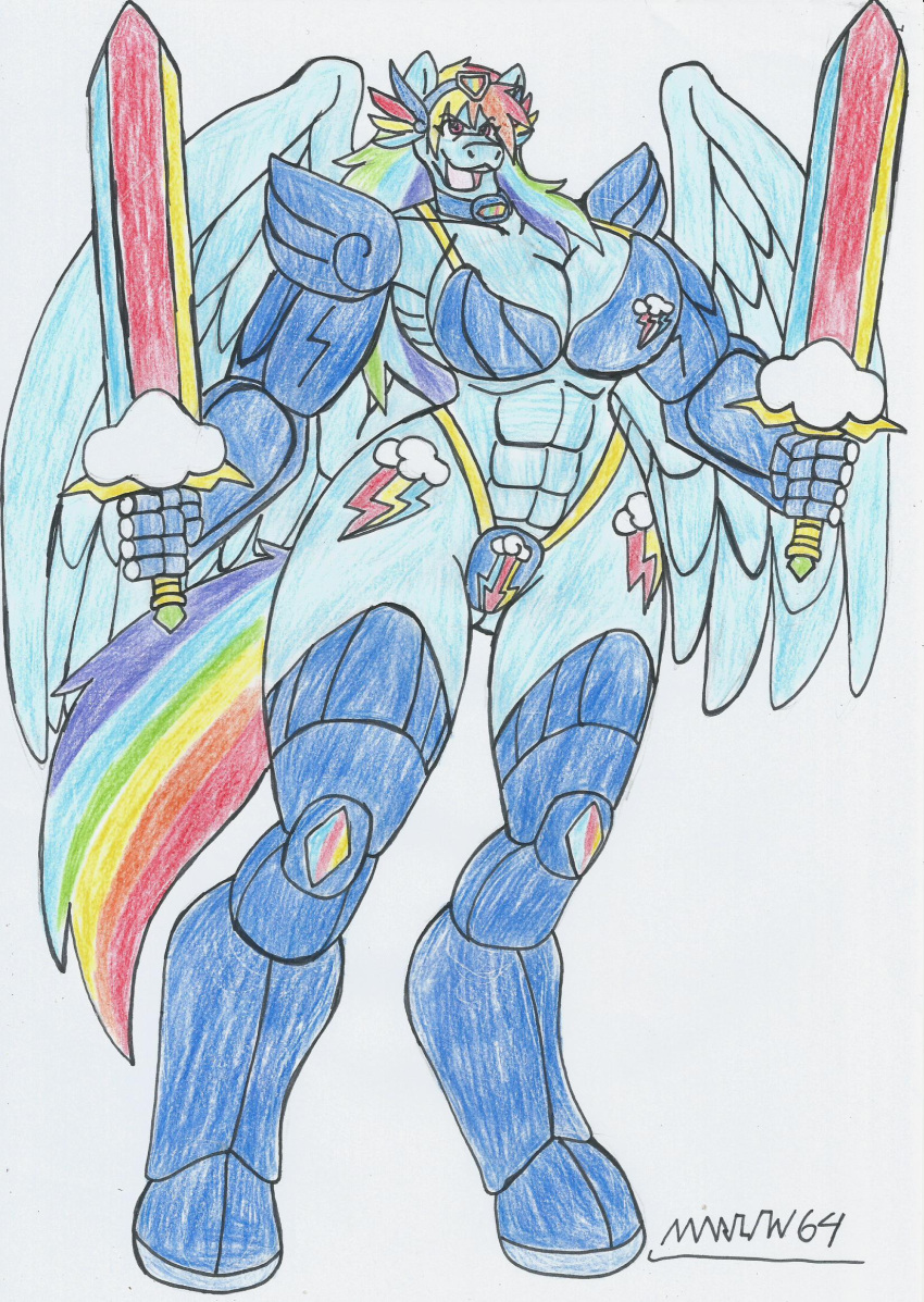 anthro big_breasts big_hips bikini_armor blue_fur female_knight female_only furry marlon64 muscular_female my_little_pony my_little_pony_friendship_is_magic pegasus rainbow_dash_(mlp) rainbow_hair swords swordswoman traditional_media_(artwork) winged_humanoid wings