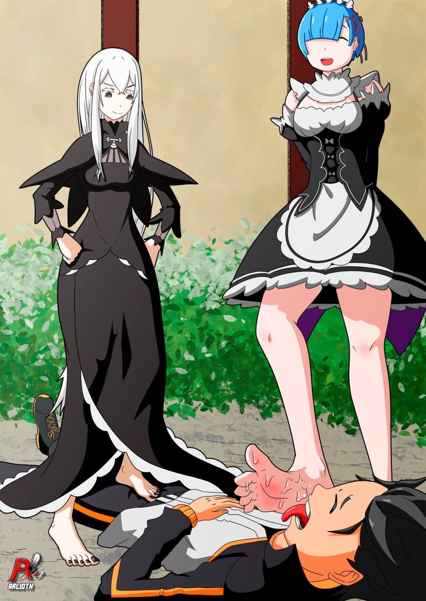 1boy 2girls arlioth barefoot black_dress denki_anma dominant_female echidna_(re:zero) femdom foot_domination foot_fetish foot_focus foot_lick foot_on_crotch foot_on_penis foot_worship footjob footjob_over_clothes nail_polish natsuki_subaru re:zero_kara_hajimeru_isekai_seikatsu rem_(re:zero) standing standing_footjob stepped_on stepping_on_penis submissive_male teamwork trample trampling