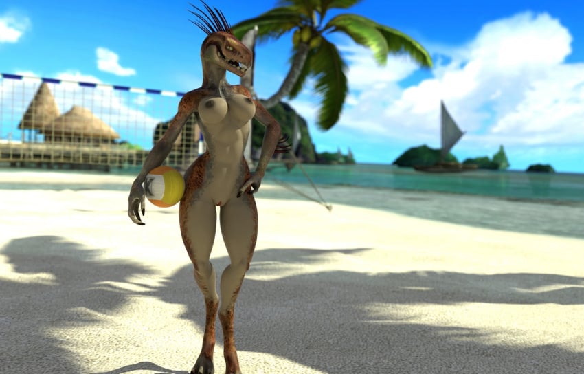 3_fingers 3_toes 3d_(artwork) 3d_background abs alien anthro areola arm_quills athletic ball blue_sky boat breasts brown_body brown_quills brown_scales claws cloud coconut coconut_tree colored detailed_background digital_media_(artwork) digitigrade drupe_(fruit) feet female female_kig-yar finger_claws fingers food fruit fruit_tree genitals halo_(series) hand_on_hip hi_res holding_volleyball hut ibie'shan kig-yar looking_at_viewer maaarked_one microsoft narrowed_eyes net nipples non-mammal_breasts nude open_mouth outside palm_tree pickle_juice pink_pussy plant pupils pussy quill_hair quills sailing_boat sailing_watercraft sand scales scalie sea shaded shadown sky slit_pupils small_waist solo standing tan_body tan_skin teeth thatched_roof thigh_gap toes tongue tree vehicle volleyball_(ball) volleyball_net water watercraft wide_hips xbox_game_studios yellow_eyes