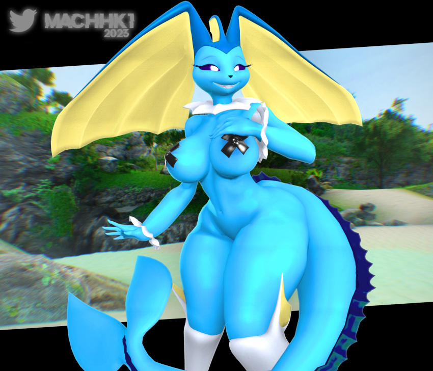 anthro ass big_breasts big_butt breast_tape breasts eeveelution female generation_1_pokemon generation_4_pokemon genitals hi_res lopunny machhk1 nintendo pokemon pokemon_(species) solo thick_thighs vaponny vaporeon wide_hips