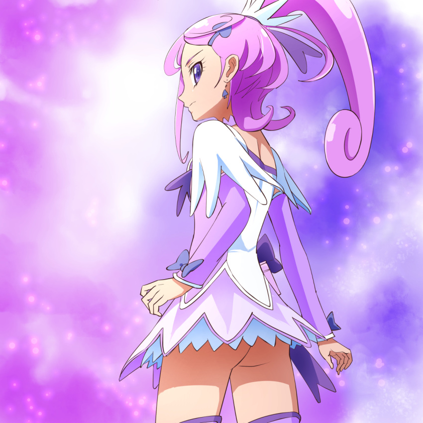 arm_warmers ass asymmetrical_clothes choker clothing cure_sword curly_hair detached_sleeves dokidoki!_precure dress earrings female hair_ornament hairclip half_updo highres jewelry kenzaki_makoto magical_girl mont_blanc_(heartcatch_ayaya) ponytail precure pretty_cure purple purple_background purple_dress purple_eyes purple_hair purple_legwear ribbon serious short_hair solo standing tied_hair