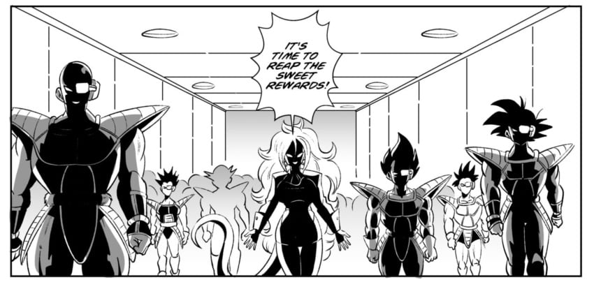 1girls 5boys android_21 bardock dragon_ball dragon_ball_fighterz dragon_ball_super dragon_ball_z funsexydragonball gloves majin_android_21 monochrome muscular_male nappa saiyan saiyan_armor tail vegeta