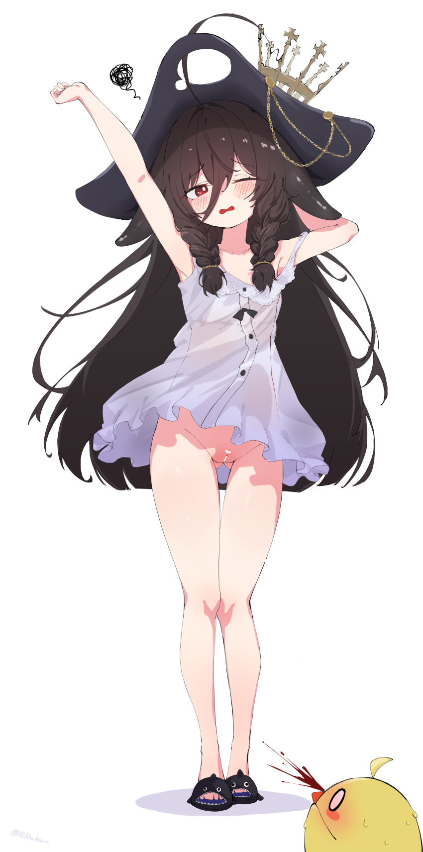 absurdres ahoge arm_behind_head arm_over_head ass_visible_through_thighs azur_lane bare_arms bare_legs black_hair blush braid bright_pupils censored collarbone crown dress english_commentary feet female full_body hair_between_eyes hat heart heart_censor highres huge_ahoge long_hair manjuu_(azur_lane) no_panties no_pants pirate_hat pussy red_eyes rnekon215 shark_slippers simple_background sleeveless sleeveless_dress slippers solo spoken_squiggle squiggle standing stretching tentacle_hair thigh_gap toes twin_braids twitter_username very_long_hair white_background white_dress white_pupils whydah_(azur_lane)